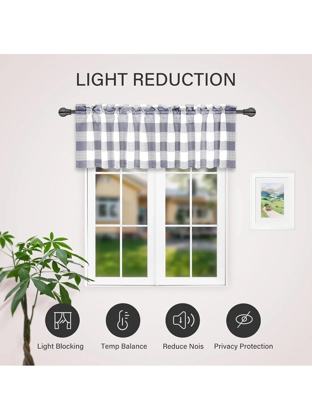 🩶 Gray Buffalo Check Kitchen Valance (2) NEW